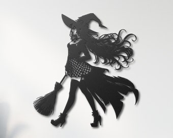 Witch Girl Metal Wall Art | Halloween Wall Decor | Witch with Broomstick Metal Wall Art | Perfect for Witch Lovers | Gothic Home Decor