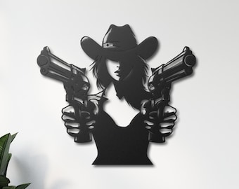 Beautiful Cowgirl Metal Wall Art, Western Wall Decor, Double Shooter Metal Wall Decor, Unique Western Gift Idea, Cowboy Woman Wall Art