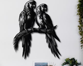 Parrot Couples on a Branch Metal Wall Art, Parrot Silhouette Wall Decor, Parrot Lovebirds Artworks Decor, Birds on Branch Decor