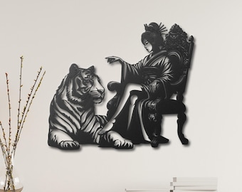 Japanese Woman with Tiger Metal Wall Art, Geisha Wall Art, Geisha Tiger Wall Decor, Japan Room Decor, Geisha Metal Wall Decor