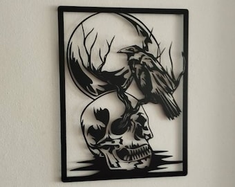 Raven Skull Metal Wall Art, Crow on Skull Wall Decor, Birthday Gifts for Husband, Raven Art, Crow Decor, Gothic Home Decor, Viking Raven Art