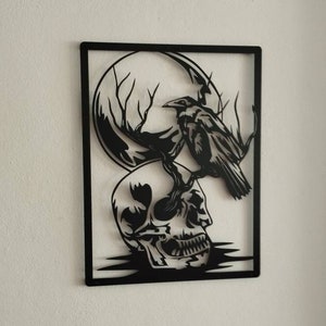 Raven Skull Metal Wall Art, Crow on Skull Wall Decor, Birthday Gifts for Husband, Raven Art, Crow Decor, Gothic Home Decor, Viking Raven Art