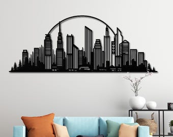 Modern City Skyline Metal Wall Art - Urban Skyscraper Silhouette Decor - City Skyline for Office Decor - Modern City Silhouette Wall Decor
