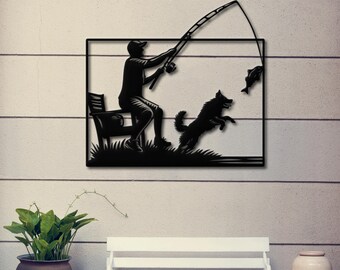 Fishing with Dog Metal Wall Art, Fisherman Wall Decor, Lake House Decor, Rustic Cabin Wall Art, Fishing Lover Gift