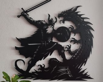 Viking Dragon Battle Wall Decor, Scandinavian Wall Decor, Viking Warrior Metal Wall Art, Man Cave Decor, Nordic Gifts, Dragon Wall Art