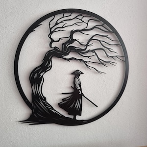 Samurai Metal Wall Art – Lone Warrior Under Tree Decor – Japanese Zen Decor – Martial Arts Gift – Alone Samurai Wall Decor
