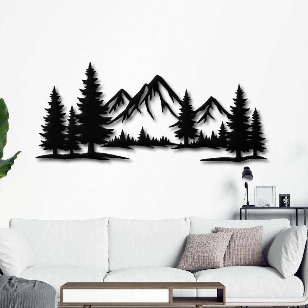 Mountain Forest Metal Wall Art, Pine Tree Landscape Decor, Rustic Cabin ...