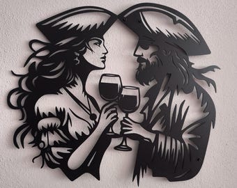 Romantic Pirate Couple Metal Wall Art | Vintage Nautical Decor | Pirate Couple Metal Wall Decor | Rustic Bar and Tavern Wall Hanging