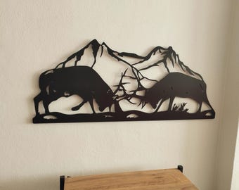Elk Metal Wall Art, Moose Metal Wall Decor, Deer Metal Sign, Deer Fighting Metal Poster, Bucks Fighting Wall Art, Living Room Wall Decor