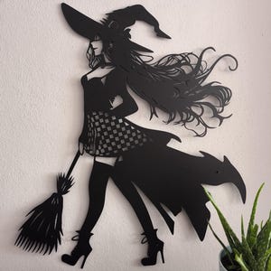 Witch Girl Metal Wall Art | Halloween Wall Decor | Witch with Broomstick Metal Wall Art | Perfect for Witch Lovers | Gothic Home Decor