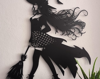 Witch Girl Metal Wall Art | Halloween Wall Decor | Witch with Broomstick Metal Wall Art | Perfect for Witch Lovers | Gothic Home Decor