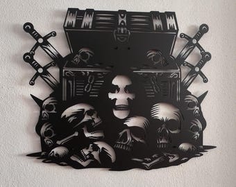 Skull Metal Wall Art, Skulls in the Chest Wall Decor, Man Cave Decor, Gothic Home Decor, Gothic Wall Art, Skull with Treasure, Bedroom Decor