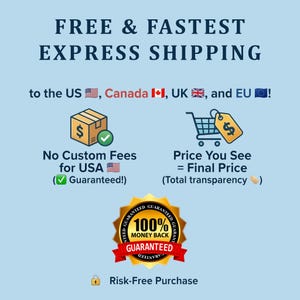 K&ouml;nnte beinhalten: Eine hellblaue Infografik mit dunkelblauem Text, der FREE & FASTEST EXPRESS SHIPPING to the US, Canada, UK, and EU lautet. Sie enth&auml;lt Symbole eines Kartons, eines Einkaufswagens mit Preisschild und ein goldenes 100% money back Siegel.