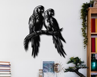 Parrot Couples on a Branch Metal Wall Art, Parrot Silhouette Wall Decor, Parrot Lovebirds Artworks Decor, Birds on Branch Decor