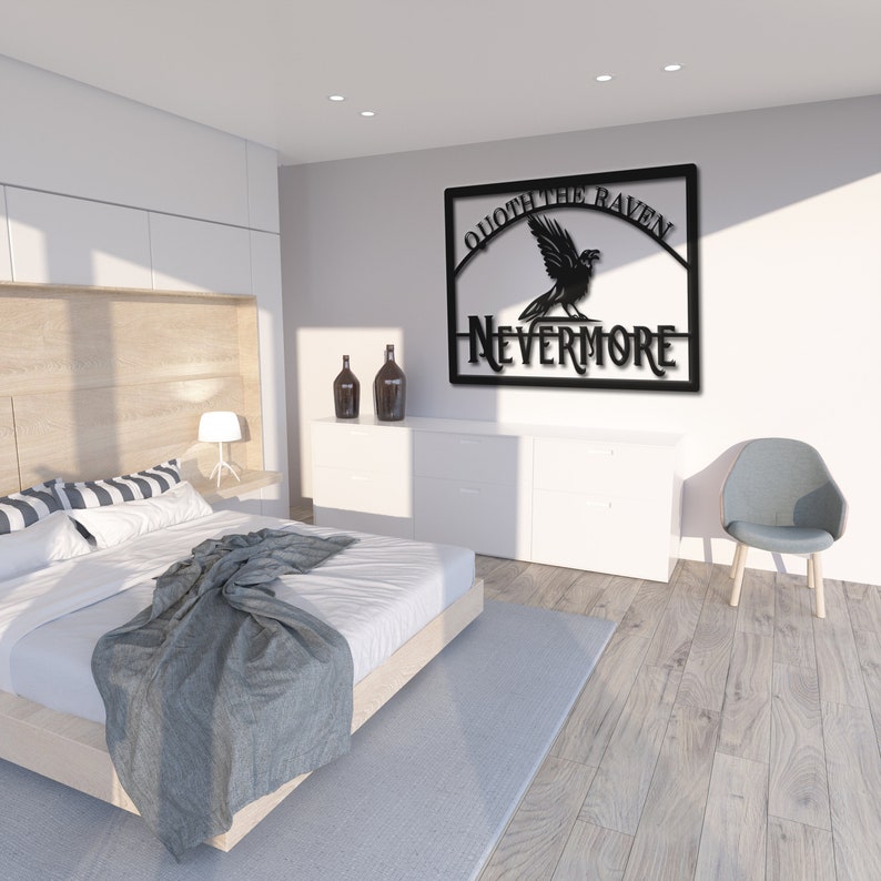 May include: Black metal wall art featuring a raven with the text "Quoth the Raven, Nevermore". The art is hanging on a white wall in a bedroom setting.
