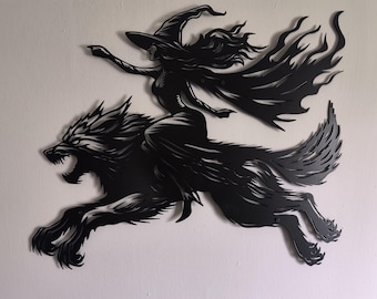 Enchanting Witch Riding a Werewolf Metal Wall Art, Unique Gothic Home Decor, Halloween Gift, Mystical Art for Witch Lovers, Halloween Decor