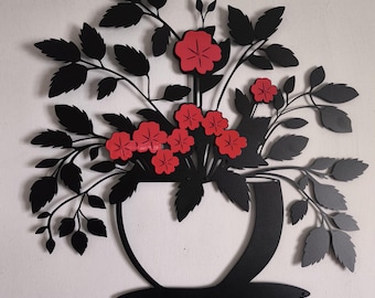 Red Flowers Metal Wall Art, Flower in Pot Metal Wall Art, Flower Metal Wall Sign, Gift for Mom, Kitchen Wall Decor, Living Room Decor