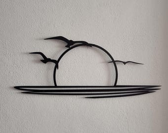 Minimalist Sunset Metal Wall Art | Modern Coastal Decor | Ocean-Inspired Wall Art | Sunset Seagull Wall Decor | Sunshine Metal Wall Decor