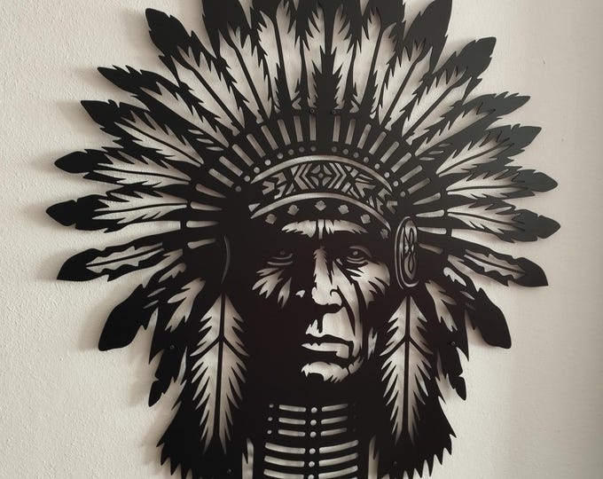 Featured listing image: Big Chief Metal Wall Decor, War Eagle Wall Metal Sign, Red Indian Sign, North America Wall Decor, Native Americans Decor, Western Decor