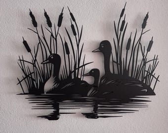 Duck Family Metal Wall Art, Ducks Swimming in a Lake Wall Sculpture, Farmhouse Nature Decor, Animal Lover Gift, Unique Rustic Metal Artwork