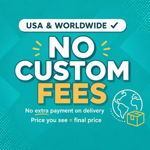 K&ouml;nnte beinhalten: Eine t&uuml;rkisfarbene Grafik mit wei&szlig;em und gelbem Text: USA & WORLDWIDE, NO CUSTOM FEES, No extra payment on delivery und Price you see = final price. Eine wei&szlig;e Strichzeichnung eines Globus und ein Paket-Symbol befinden sich unten rechts.
