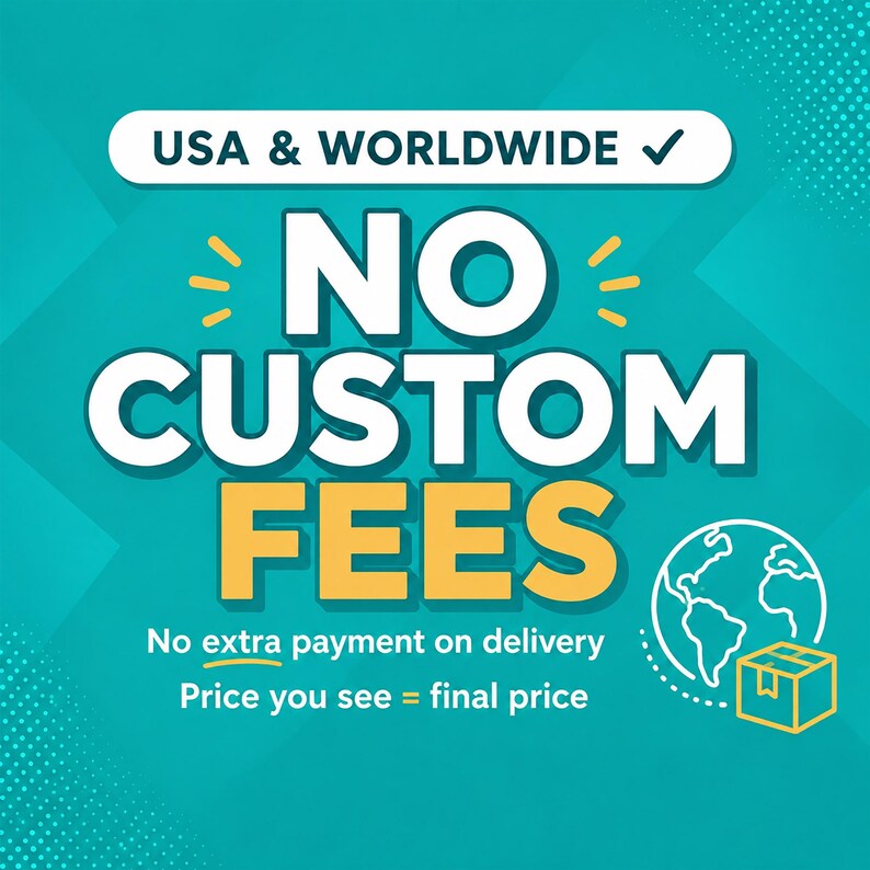 K&ouml;nnte beinhalten: Eine t&uuml;rkisfarbene Grafik mit wei&szlig;em und gelbem Text: USA & WORLDWIDE, NO CUSTOM FEES, No extra payment on delivery und Price you see = final price. Eine wei&szlig;e Strichzeichnung eines Globus und ein Paket-Symbol befinden sich unten rechts.