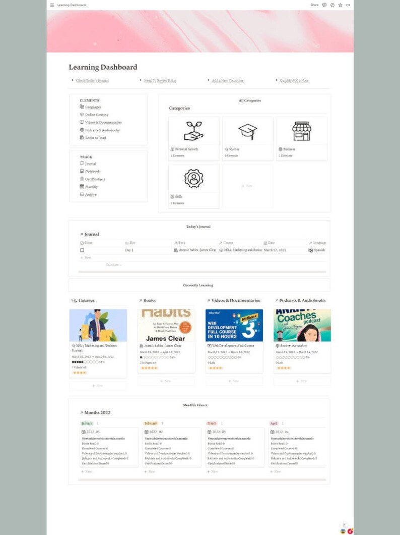 Learning Notion Dashboard Self Development Personal Growth Etsy