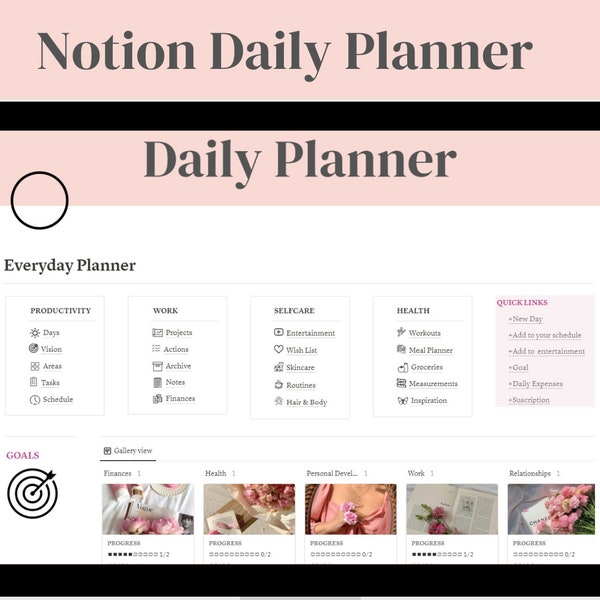 Daily Planner Notion Template for Productivity and Life Organization: Daily Tasks, Projects, Vision, Health, Schedule