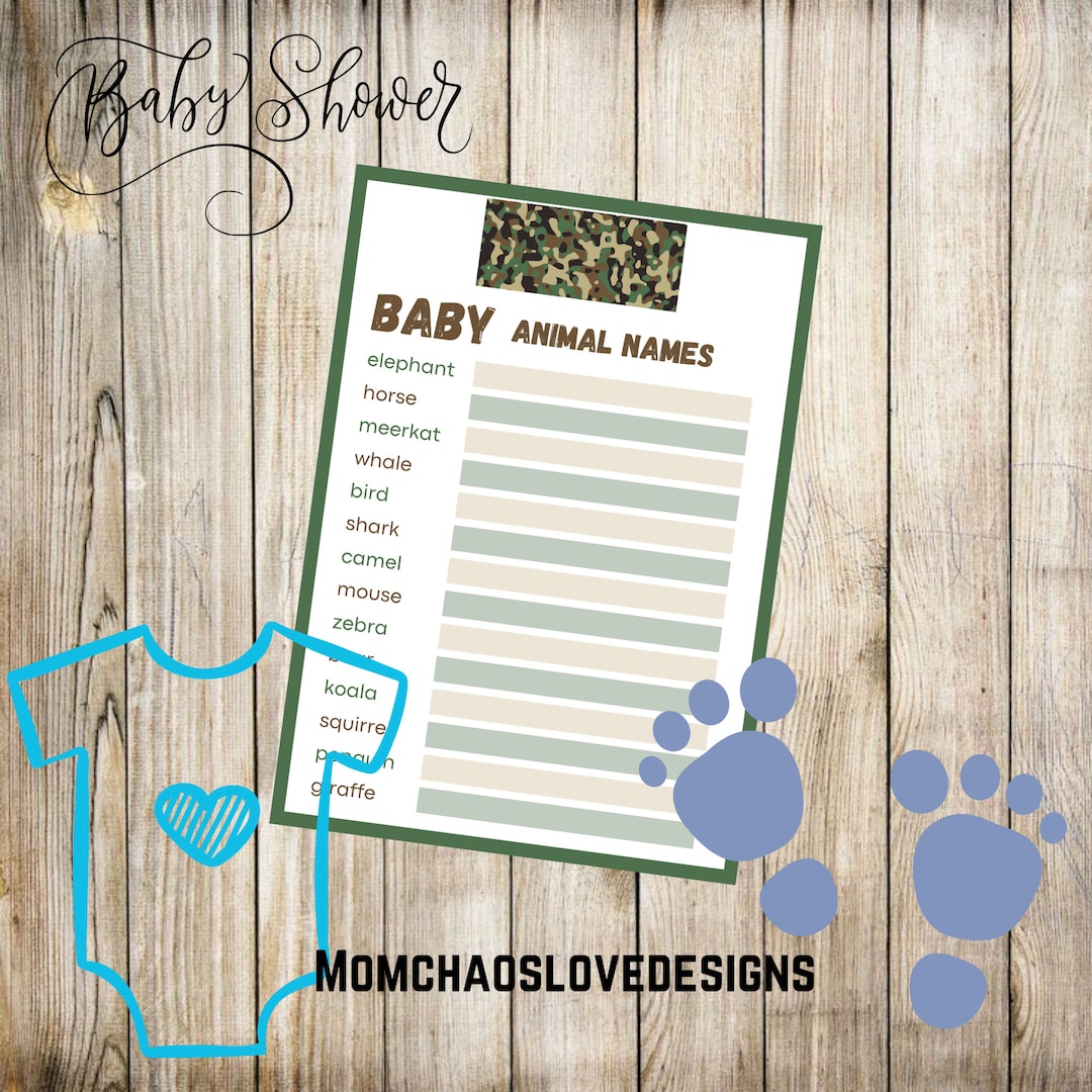 Camouflage Baby Shower Printable Game, Guess the Animal Baby Name Game ...