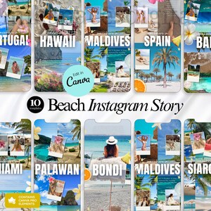 May include: A collection of 10 digital Instagram story templates featuring beach themes, tropical landscapes, and polaroid-style photo frames. The designs include text overlays like Portugal, Hawaii, Maldives, Spain, Bali, Miami, Palawan, Bondi, and Siargao.