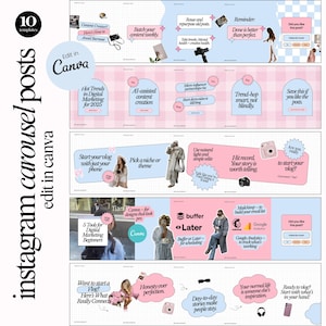 May include: Instagram carousel post templates in pink and blue, designed for digital marketing. The templates, editable in Canva, include text like "Hot Trends in Digital Marketing" and "Start your vlog." The set offers 10 different templates.