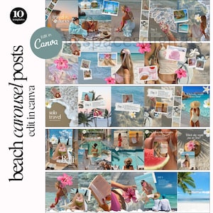 Op de afbeelding: Een collage van sociale mediatemplates met strandthema. De sjablonen bevatten foto's van stranden, mensen en tropische bloemen. Tekst bevat "travel diaries", "solo travel" en "Bali". De zin "Edit in Canva" is ook zichtbaar.