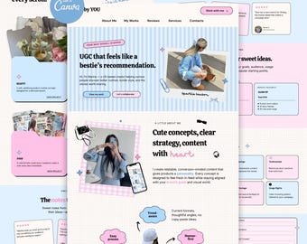 May include: A digital portfolio website template featuring a light blue and white striped header, sections for services, testimonials, and project showcases. The layout includes text blocks, image frames, and pink cloud-shaped callout boxes.