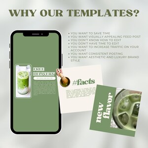 May include: A green and white phone screen mockup with a green background. The phone screen shows a social media post with a green drink and the text "FREE DELIVERY". The phone screen is next to a white card with the text "#facts" and a green drink. The card is next to a green and white card with the text "new flavor" and a green drink.