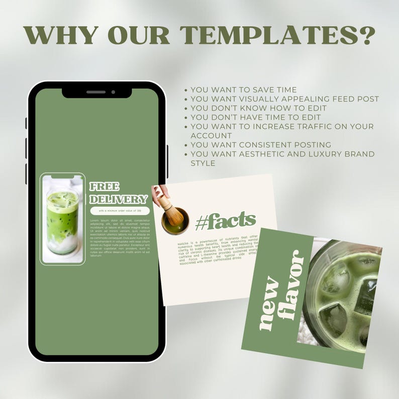 May include: A green and white phone screen mockup with a green background. The phone screen shows a social media post with a green drink and the text "FREE DELIVERY". The phone screen is next to a white card with the text "#facts" and a green drink. The card is next to a green and white card with the text "new flavor" and a green drink.