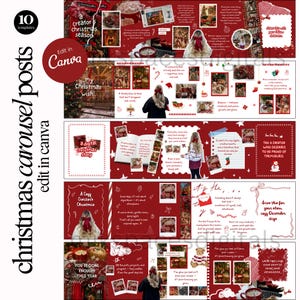May include: A digital Christmas story carousel post template with a red and white theme. The template includes various Christmas-themed images and text, with the words "Christmas carousel posts" and "edit in Canva".