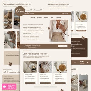 May include: A website template design featuring a neutral beige and brown colour palette. The layout includes sections for a portfolio, digital downloads, and social media resources with text headers like Camille Creates, Stories with a little more soul, and Grow your Instagram, your way.