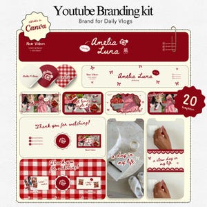 Puede incluir: Un kit de branding de YouTube con un tema rojo y crema. El kit incluye plantillas para el arte del canal, miniaturas y pantallas finales. El texto incluye "Youtube Branding kit", "Amelia Luna" y "New Videos". Editable en Canva.