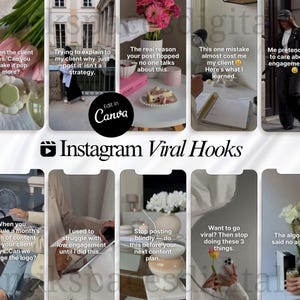 Puede incluir: Un collage de publicaciones de Instagram con superposiciones de texto. Las publicaciones discuten estrategias de redes sociales, incluyendo la planificación de contenido y consejos de participación. La frase "Instagram Viral Hooks" se muestra de forma destacada.