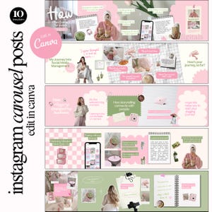 Peut inclure: Maquette de produit numérique de publications de carrousel Instagram. La conception présente une palette de couleurs rose et verte avec du texte et des images. Le texte comprend des phrases telles que "Comment planifier du contenu pour une semaine" et "Modifier dans Canva".