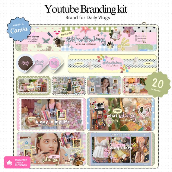 Youtube Branding Kit Whimsy Youtube Vlog Templates  Vlog Youtube Thumbnails Channel Art Templates Storytelling Youtube Brand Kit Canva Pack