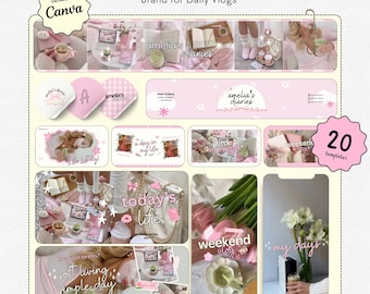 YouTube-Branding-Kit, YouTube-Thumbnail-Vorlagen, Pinkes Design, YouTube-Kanalgrafiken, Girly Core, YouTube-Tagesvlog-Branding-Kit-Vorlage