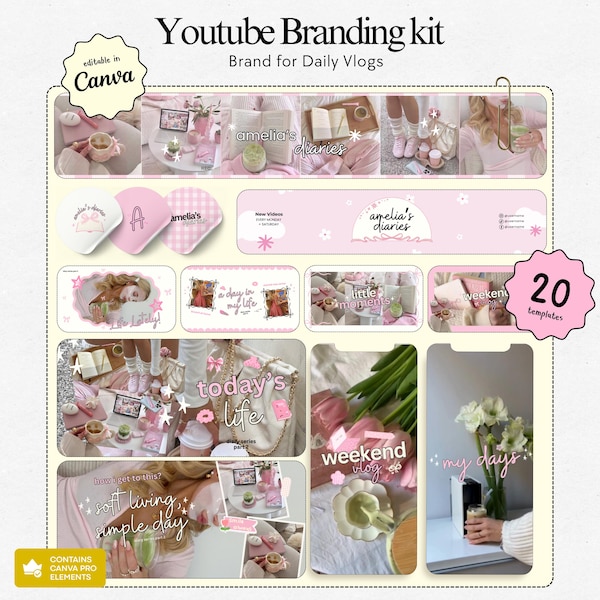 Youtube Branding Kit Youtube Thumbnail Templates Pink Theme Youtube Channel Art Branding Girly Core Youtube Daily Vlog Brand Kit Template