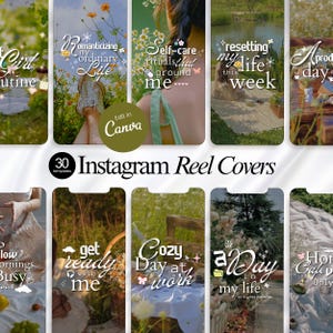 Puede incluir: Un conjunto de 30 portadas de Instagram Reel con un diseño suave y estético. Cada portada presenta un tema diferente, con texto como "Romanticizing my ordinary life" y "Self-care rituals that ground me". Las portadas están diseñadas para ser editadas en Canva.