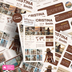 Può includere: Un modello di media kit per influencer in formato digitale con una palette di colori marrone e beige. Il layout include sezioni per il profilo, statistiche dei social media, una mappa del mondo e segnaposto per foto di viaggio.
