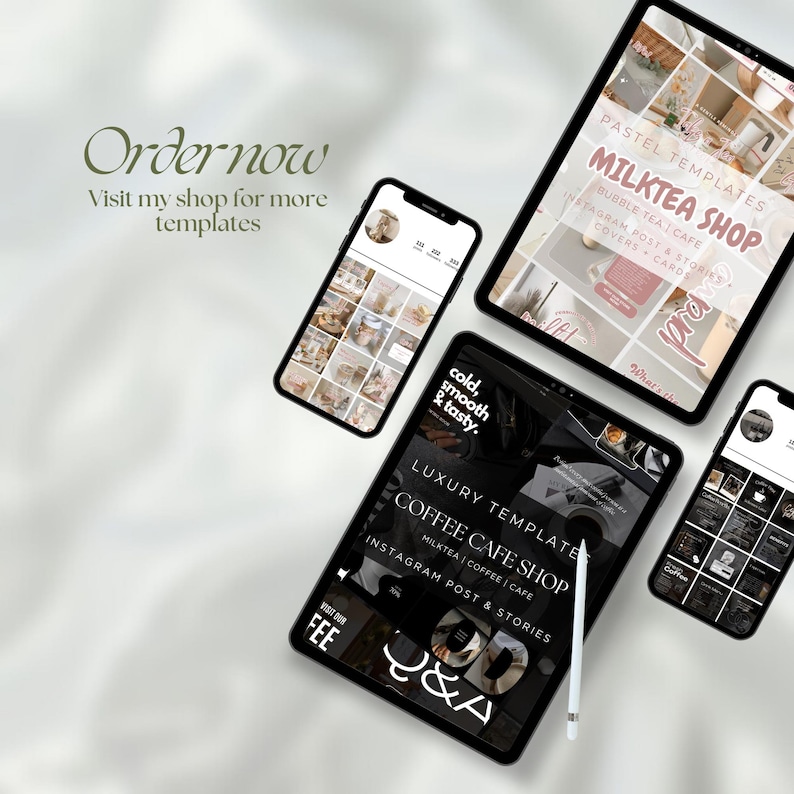 May include: Four digital mockups of phone and tablet screens displaying social media templates for a coffee and milk tea shop. The templates feature a black and white color scheme with text that reads "Cold, smooth & tasty." and "Luxury Template Coffee Cafe Shop".