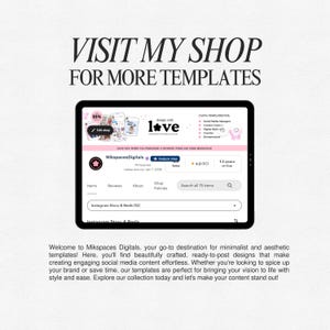 Op de afbeelding: Een digitaal tabletscherm met de Etsy-winkelinterface van MikspacesDigitals. De winkelbanner bevat de tekst 'design with love' en somt Canva-sjablonen op voor social media managers, content creators en ondernemers.