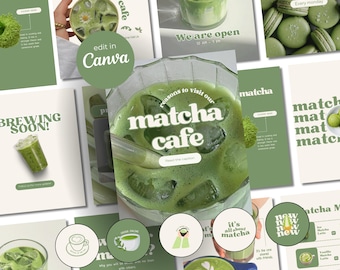 Matcha Instagram Templates | Cafe Shop Social Media Templates | Coffee and Boba Tea Canva Templates | Milk Tea Full Brand Kit Templates