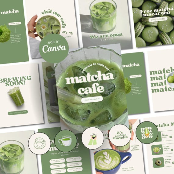 Matcha Instagram Templates | Cafe Shop Social Media Templates | Coffee and Boba Tea Canva Templates | Milk Tea Full Brand Kit Templates