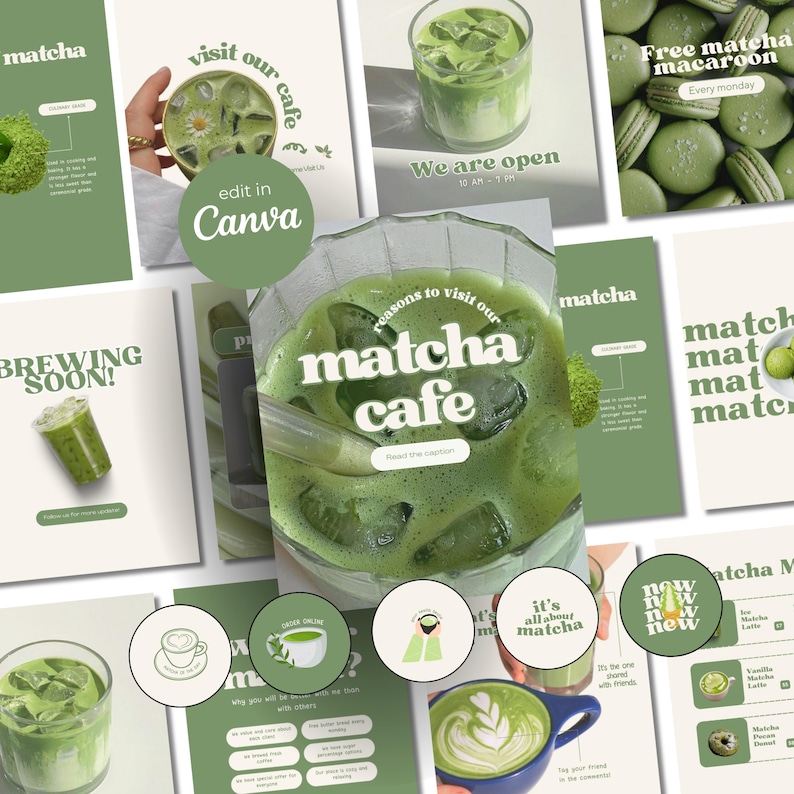 Matcha Instagram Templates Cafe Shop Social Media Templates Coffee and Boba Tea Canva Templates Milk Tea Full Brand Kit Templates Etsy instagram template canva template matcha cafe business coffee shop bakery template instagramable template social media template matcha instagram Etsy